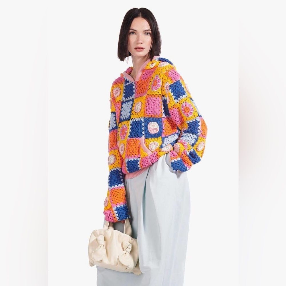 STAUD Calla Crochet Hoodie Sweater in Pastel Multi